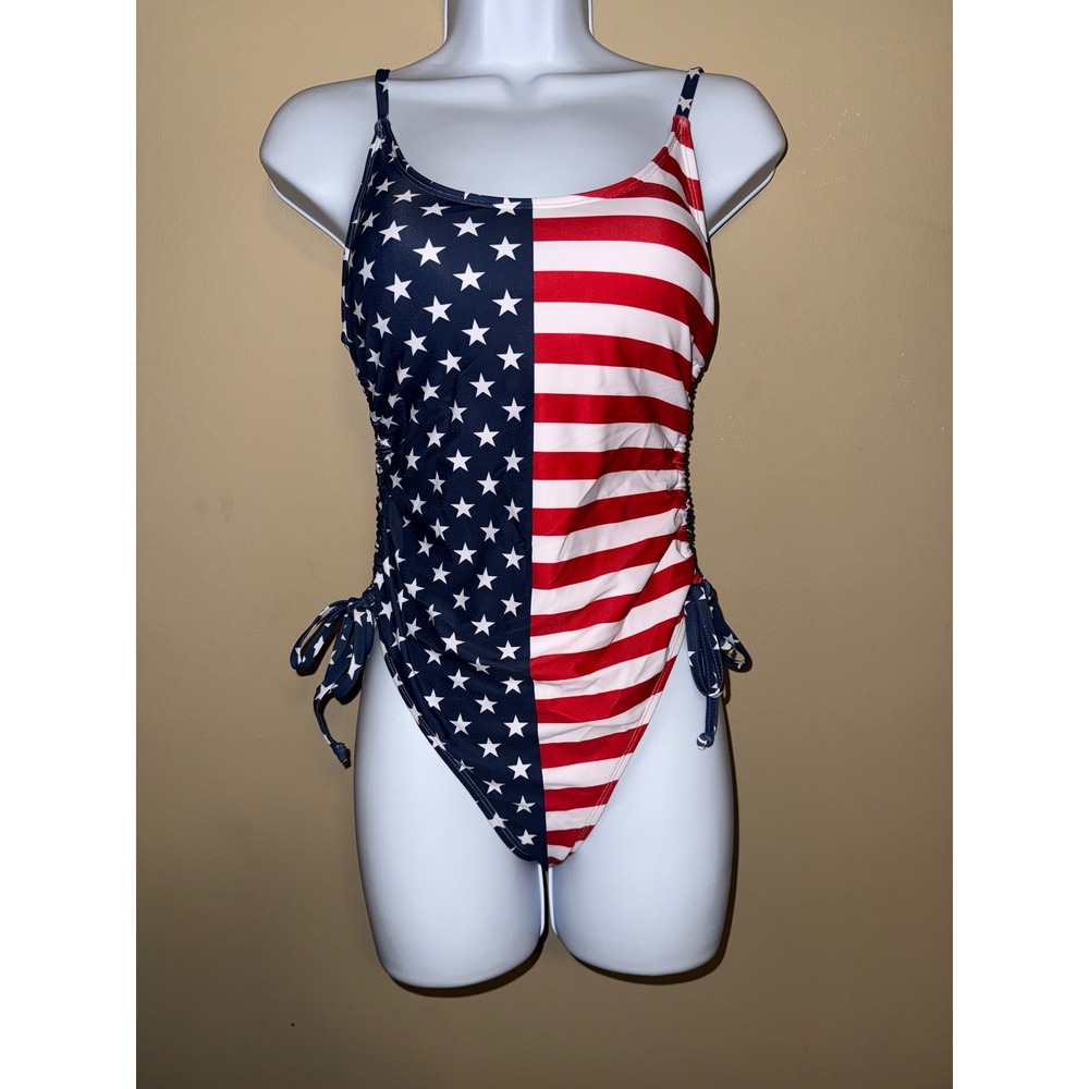New Womens American Flag One Piece Swimsuit Ruched Side Tie S‎ Adj. straps beach